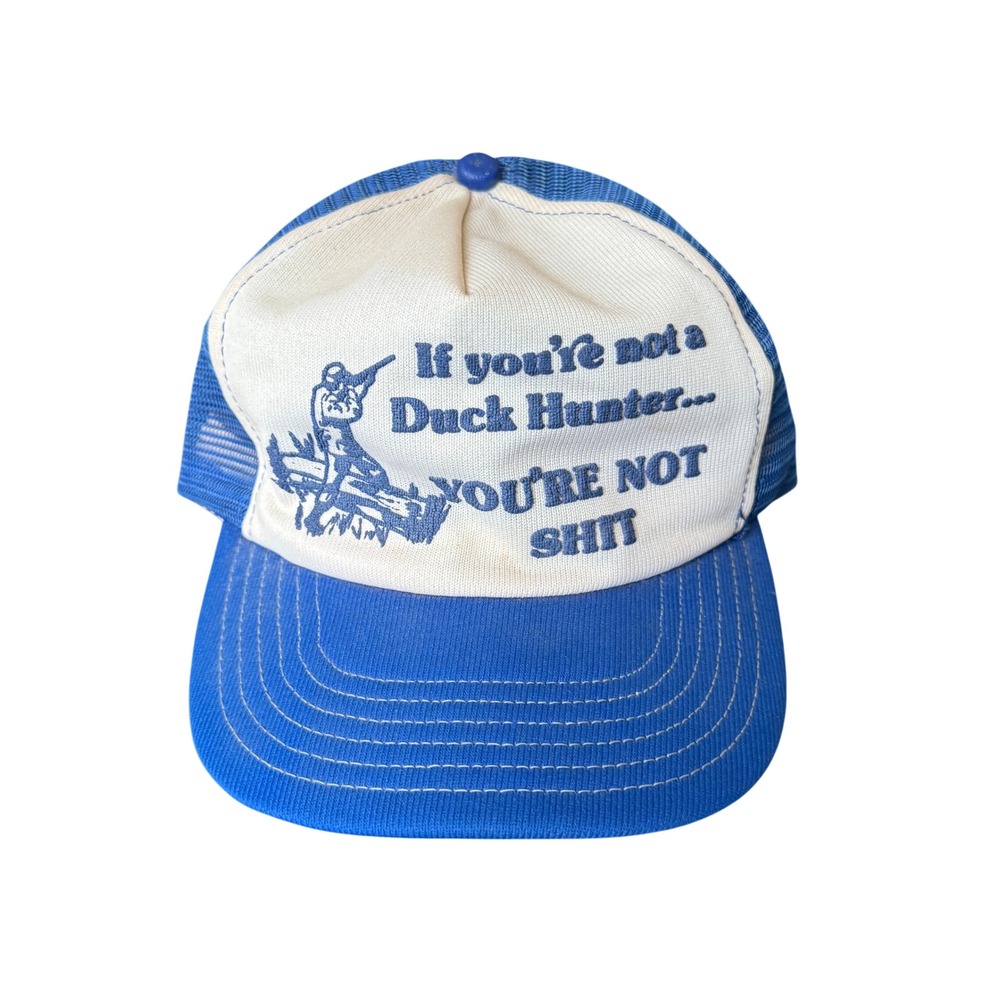 Vintage Duck Hunter Trucker Hat Blue White Mesh Snapback Funny Hunting Cap